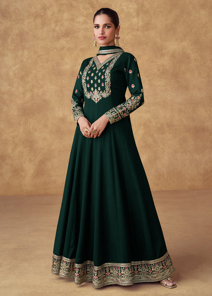 Buy Now Embroidered Green Chinnon Silk Festive Anarkali Suit Online in USA, UK, Australia, Italy, Germany, Canada, UAE & Worldwide at Empress Clothing.