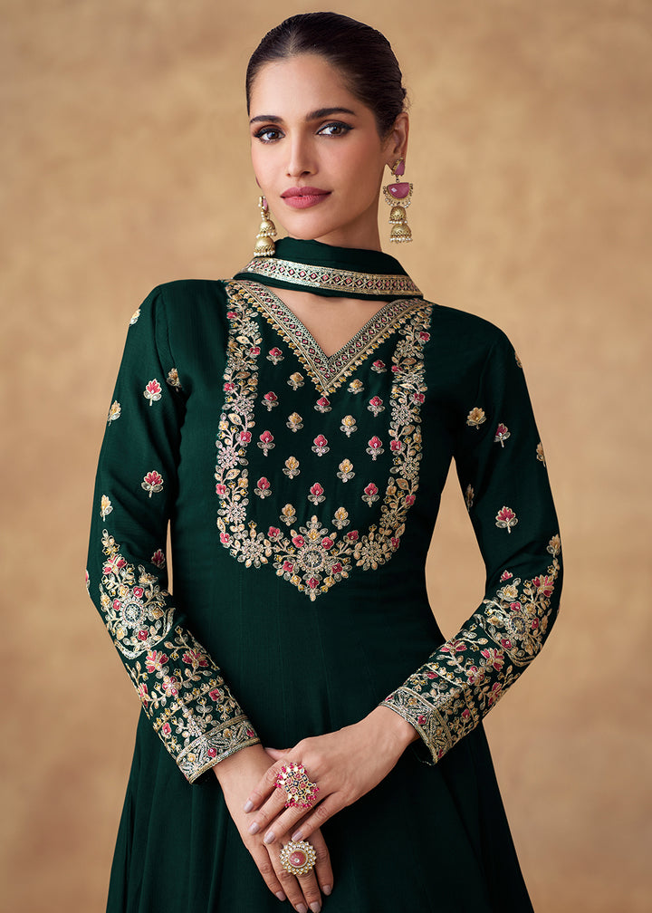 Buy Now Embroidered Green Chinnon Silk Festive Anarkali Suit Online in USA, UK, Australia, Italy, Germany, Canada, UAE & Worldwide at Empress Clothing.