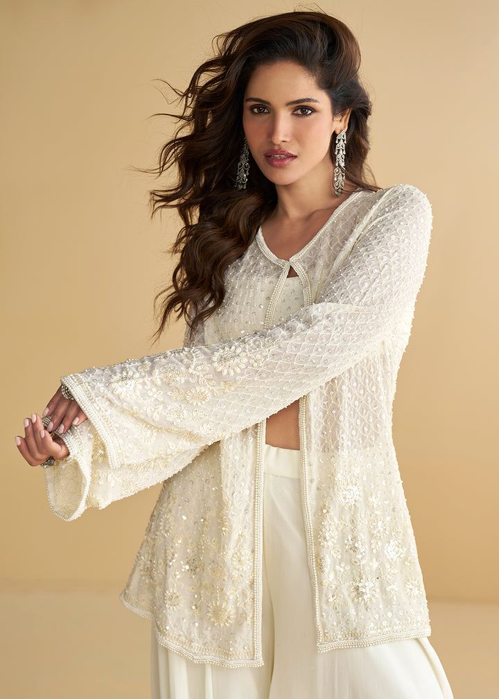 Buy Now Jacket Style Pearl White Trendy Indo Western Dress Online in US, UK, Canada, Germany, Italy, France, Austria, UAE, Australia & Worldwide at Empress.