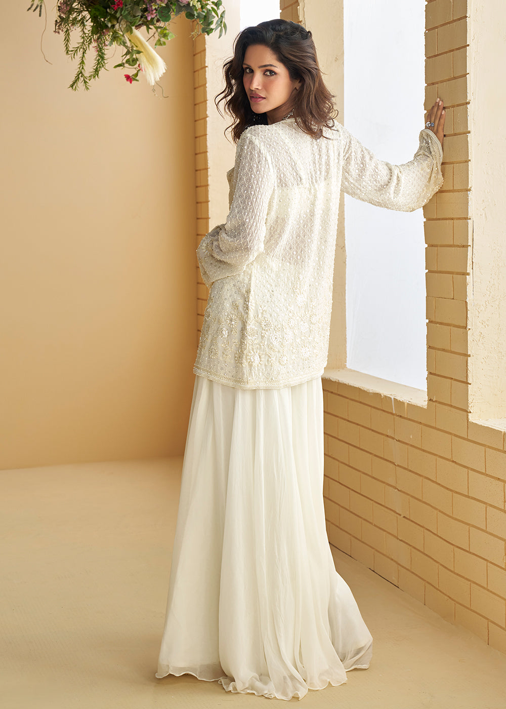 Buy Now Jacket Style Pearl White Trendy Indo Western Dress Online in US, UK, Canada, Germany, Italy, France, Austria, UAE, Australia & Worldwide at Empress.