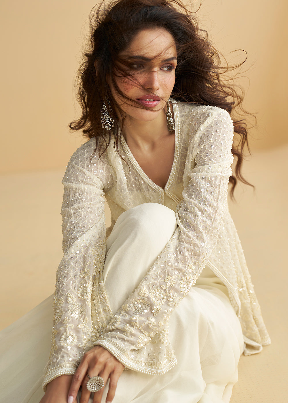 Buy Now Jacket Style Pearl White Trendy Indo Western Dress Online in US, UK, Canada, Germany, Italy, France, Austria, UAE, Australia & Worldwide at Empress.