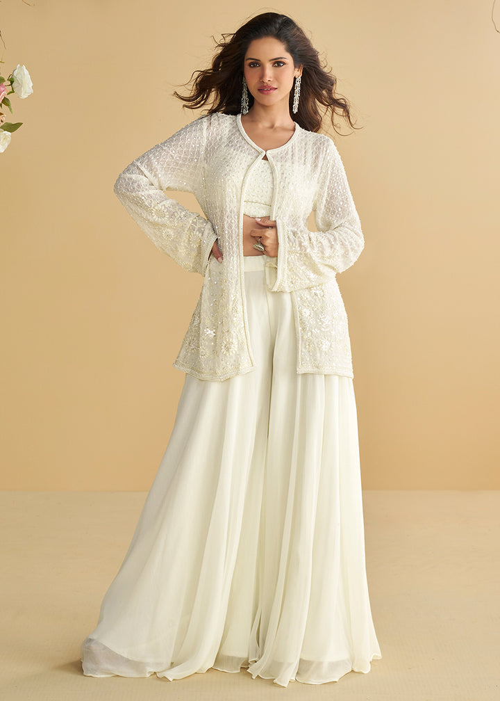 Buy Now Jacket Style Pearl White Trendy Indo Western Dress Online in US, UK, Canada, Germany, Italy, France, Austria, UAE, Australia & Worldwide at Empress.
