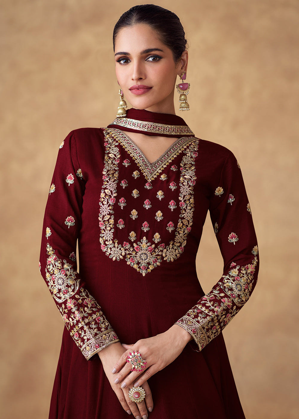 Buy Now Embroidered Maroon Chinnon Silk Festive Anarkali Suit Online in USA, UK, Australia, Italy, Germany, Canada, UAE & Worldwide at Empress Clothing.