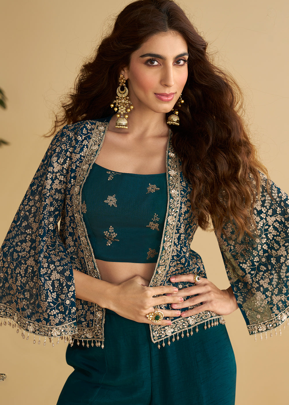 Buy Now Jacket Style Teal Green Trendy Indo Western Dress Online in US, UK, Canada, Germany, Italy, France, Austria, UAE, Australia & Worldwide at Empress.