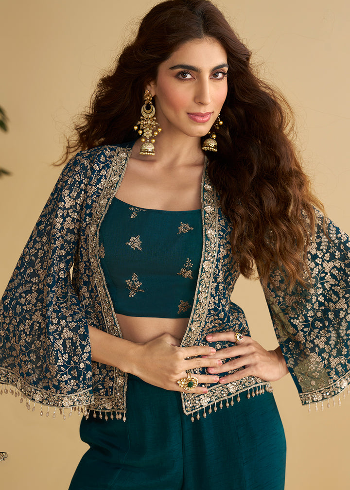 Buy Now Jacket Style Teal Green Trendy Indo Western Dress Online in US, UK, Canada, Germany, Italy, France, Austria, UAE, Australia & Worldwide at Empress.