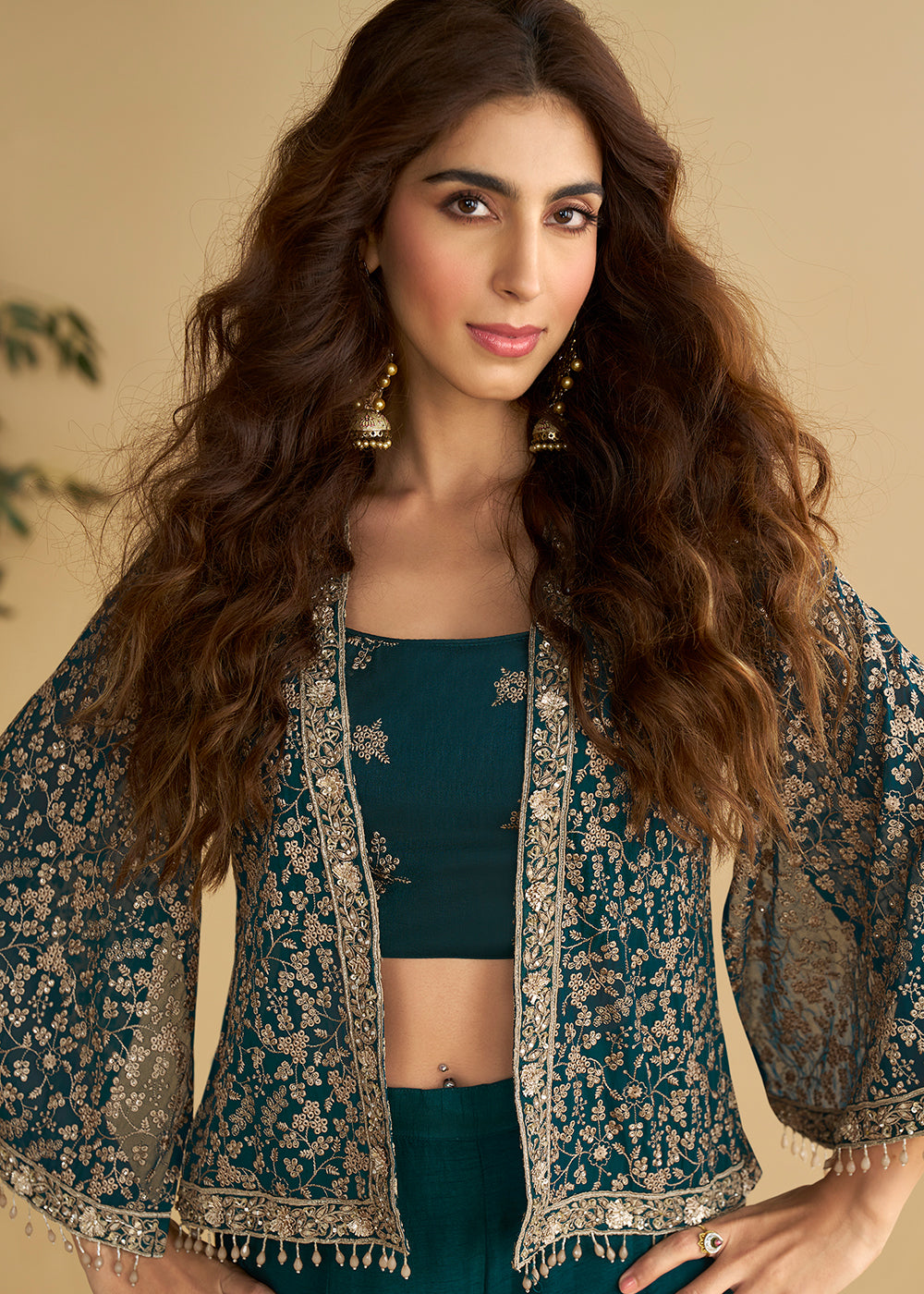 Buy Now Jacket Style Teal Green Trendy Indo Western Dress Online in US, UK, Canada, Germany, Italy, France, Austria, UAE, Australia & Worldwide at Empress.