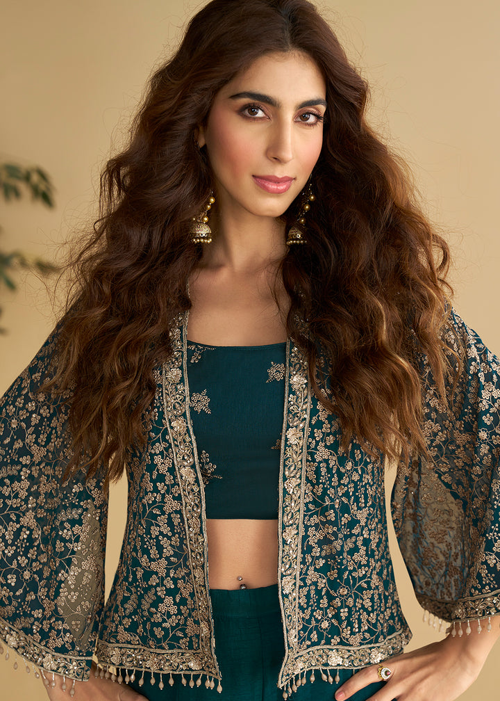 Buy Now Jacket Style Teal Green Trendy Indo Western Dress Online in US, UK, Canada, Germany, Italy, France, Austria, UAE, Australia & Worldwide at Empress.