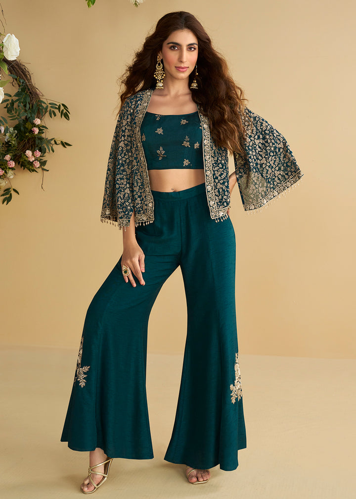Buy Now Jacket Style Teal Green Trendy Indo Western Dress Online in US, UK, Canada, Germany, Italy, France, Austria, UAE, Australia & Worldwide at Empress.