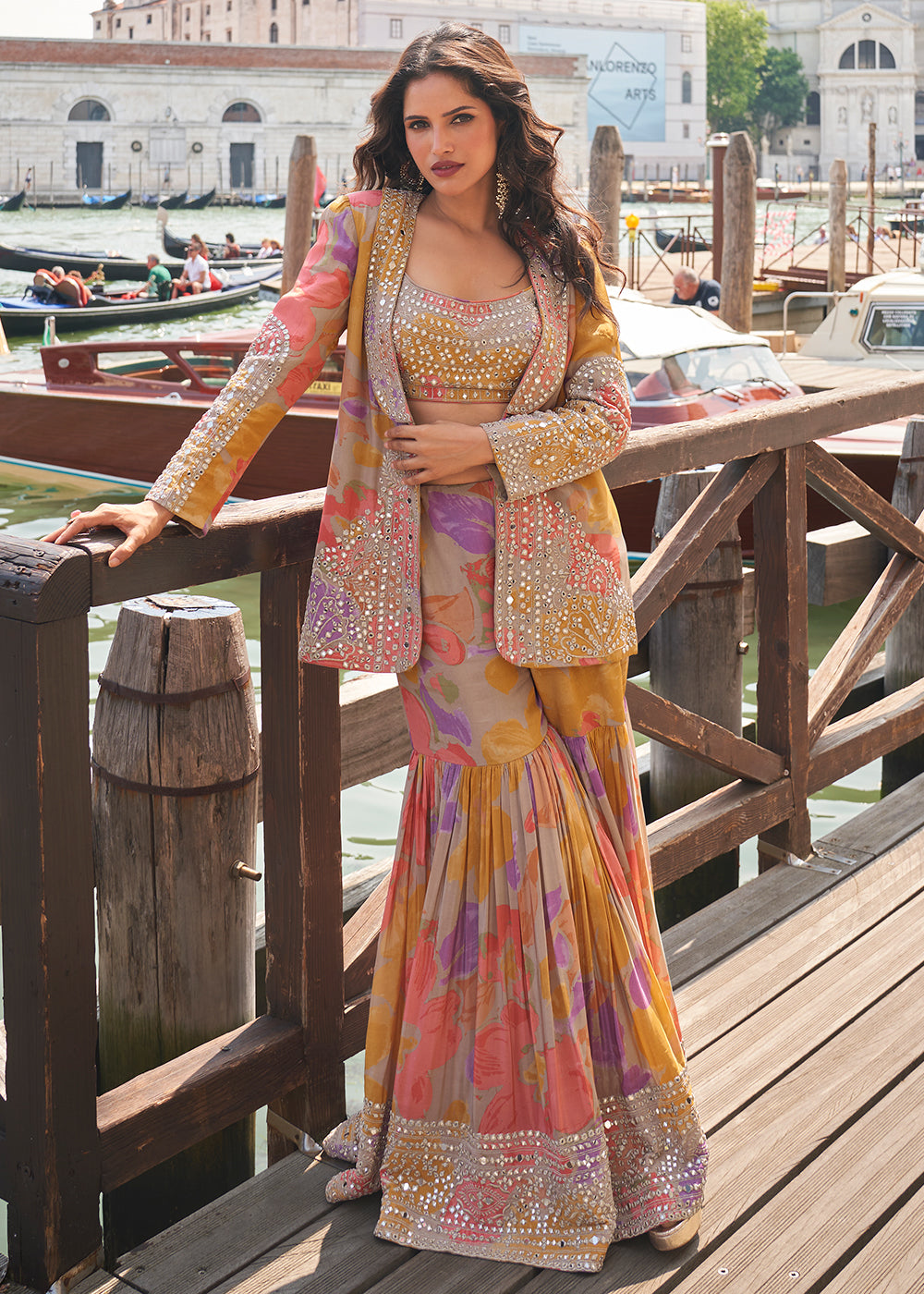 Shop Now Yellow Multicolor Jacket Style Indo Western Gharara Dress Online at Empress in US, UK, Canada, Germany, Australia, Sweden, Denmark, UAE & Worldwide.