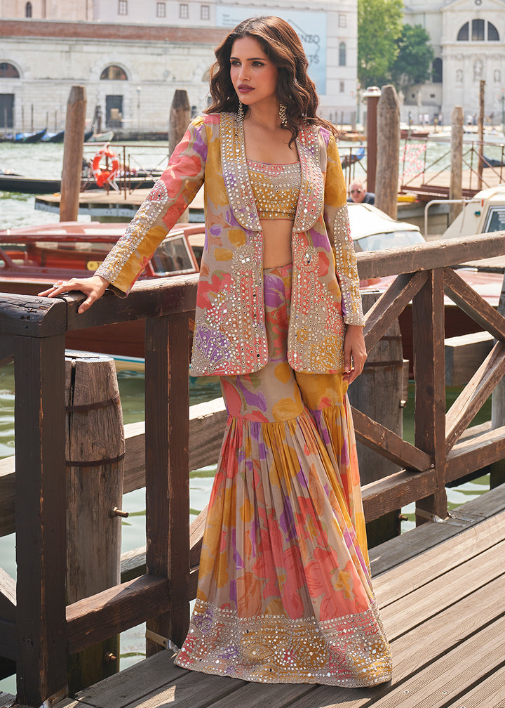 Shop Now Yellow Multicolor Jacket Style Indo Western Gharara Dress Online at Empress in US, UK, Canada, Germany, Australia, Sweden, Denmark, UAE & Worldwide.