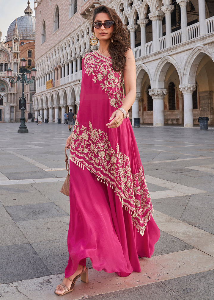 Buy Now Pink Stylist Top Crepe Silk Indo Western Dress Online in US, UK, Canada, Germany, Italy, France, Austria, UAE, Australia & Worldwide at Empress.