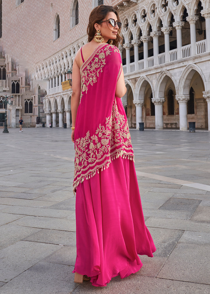 Buy Now Pink Stylist Top Crepe Silk Indo Western Dress Online in US, UK, Canada, Germany, Italy, France, Austria, UAE, Australia & Worldwide at Empress.