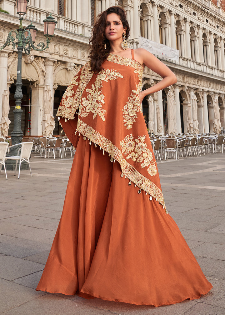 Buy Now Rust Stylist Top Crepe Silk Indo Western Dress Online in US, UK, Canada, Germany, Italy, France, Austria, UAE, Australia & Worldwide at Empress.