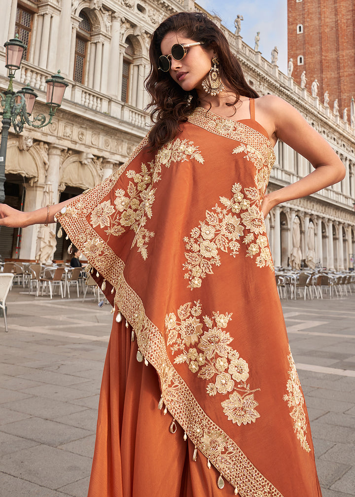 Buy Now Rust Stylist Top Crepe Silk Indo Western Dress Online in US, UK, Canada, Germany, Italy, France, Austria, UAE, Australia & Worldwide at Empress.