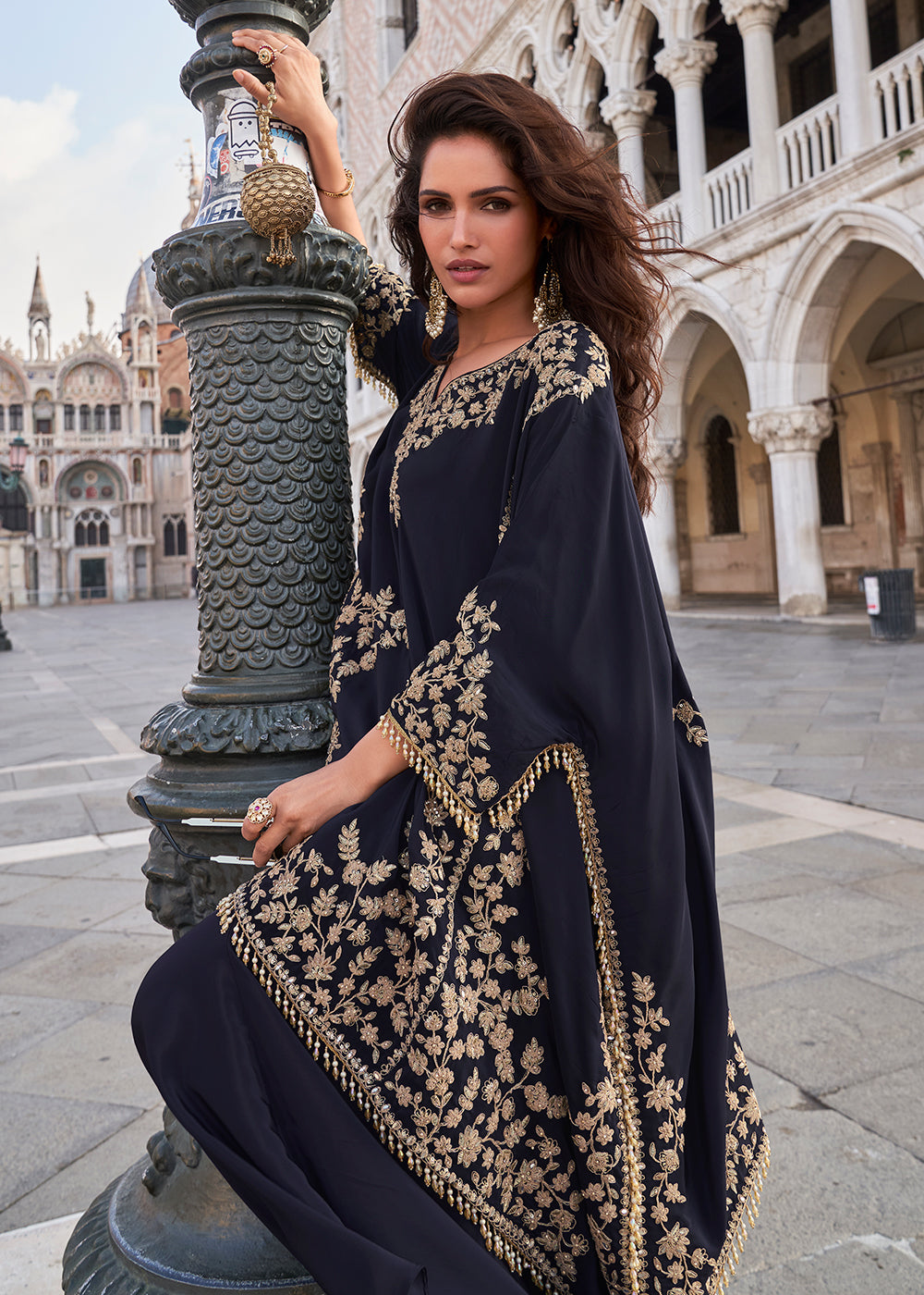 Buy Now Blue Stylist Top Crepe Silk Indo Western Dress Online in US, UK, Canada, Germany, Italy, France, Austria, UAE, Australia & Worldwide at Empress.