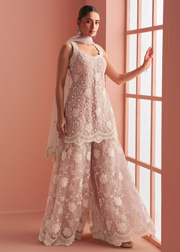 Buy Now Net Blush Pink Embroidered Party Wear Palazzo Suit Online in New York, Los Angeles, San Jose, Chicago, Houston, Fremont, Dubai & Worldwide at Empress.