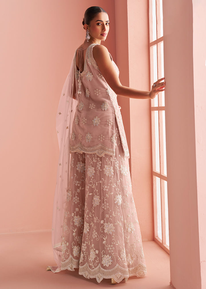 Buy Now Net Blush Pink Embroidered Party Wear Palazzo Suit Online in New York, Los Angeles, San Jose, Chicago, Houston, Fremont, Dubai & Worldwide at Empress.