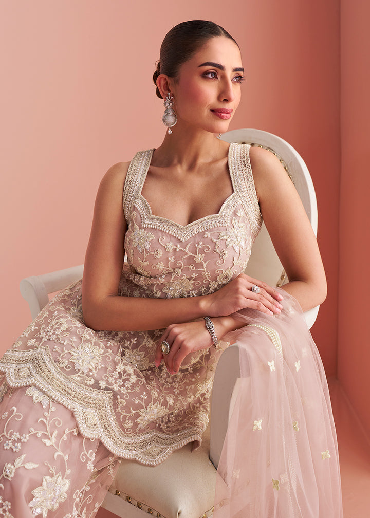 Buy Now Net Blush Pink Embroidered Party Wear Palazzo Suit Online in New York, Los Angeles, San Jose, Chicago, Houston, Fremont, Dubai & Worldwide at Empress.