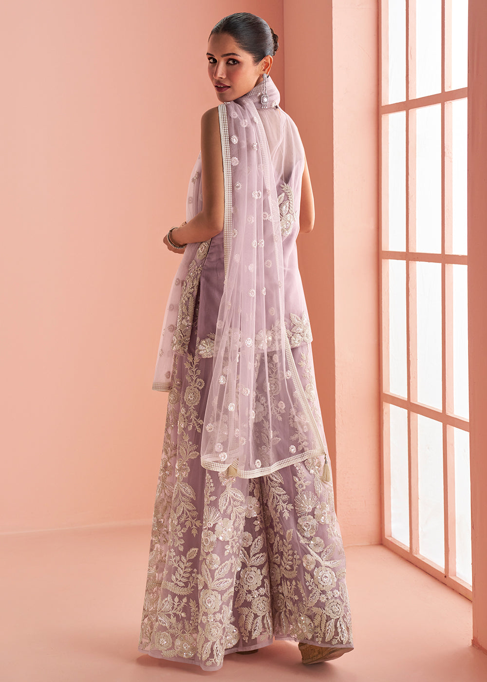 Buy Now Net Blush Lilac Embroidered Party Wear Palazzo Suit Online in New York, Los Angeles, San Jose, Chicago, Houston, Fremont, Dubai & Worldwide at Empress.