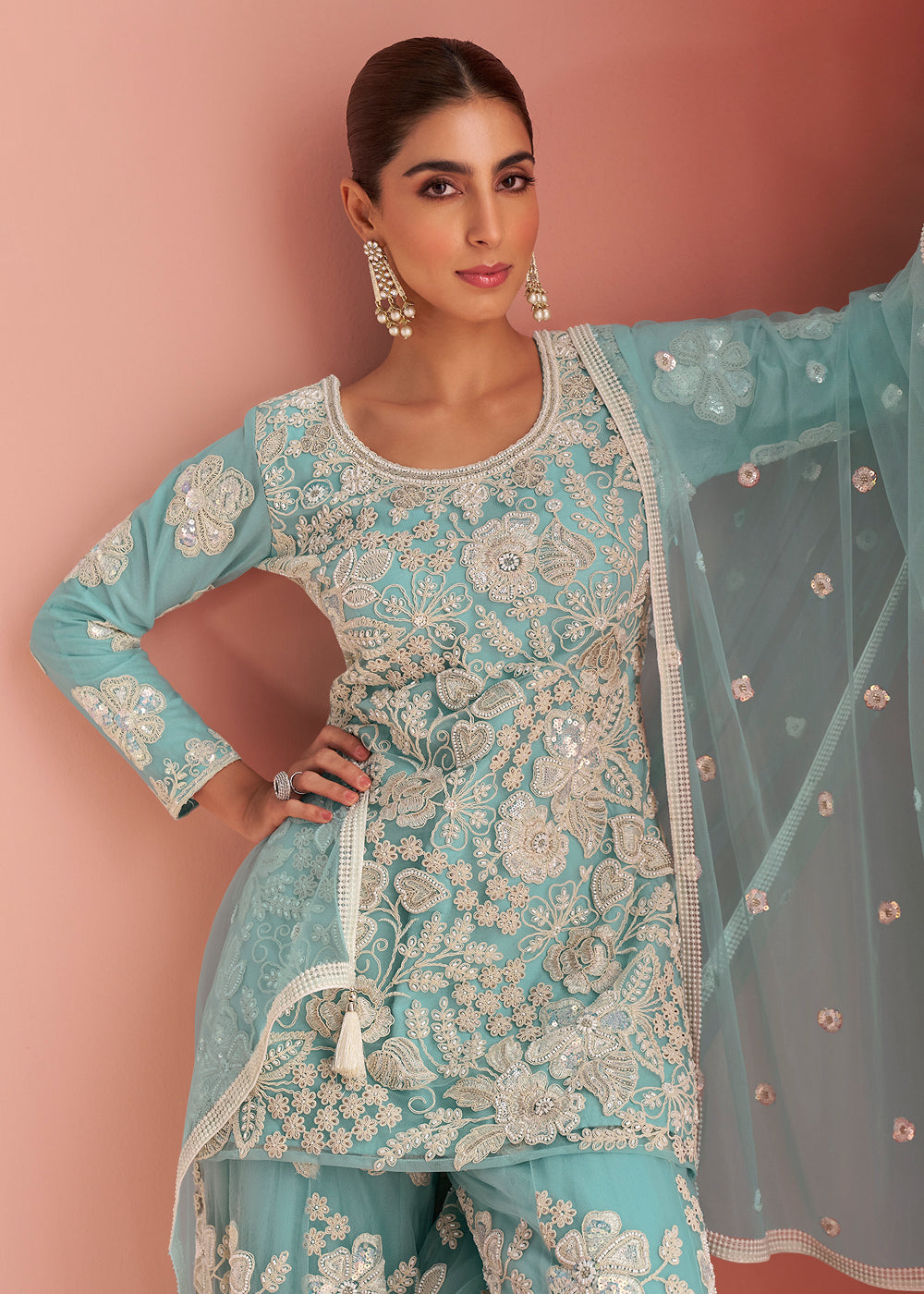 Buy Now Net Sea Blue Embroidered Party Wear Palazzo Suit Online in New York, Los Angeles, San Jose, Chicago, Houston, Fremont, Dubai & Worldwide at Empress.