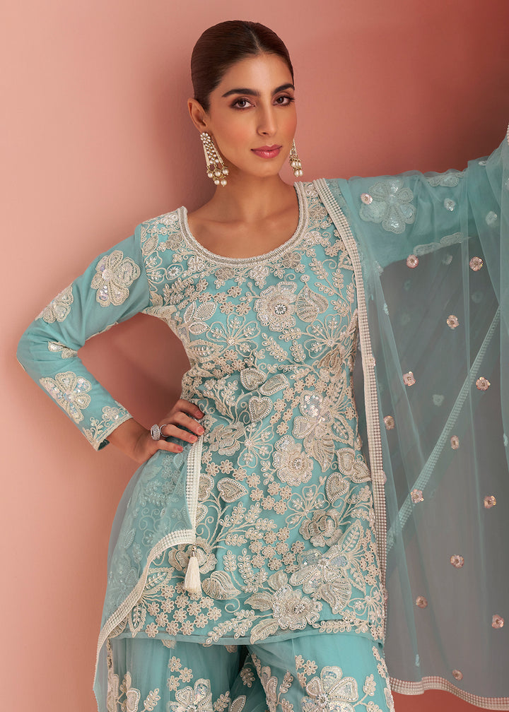 Buy Now Net Sea Blue Embroidered Party Wear Palazzo Suit Online in New York, Los Angeles, San Jose, Chicago, Houston, Fremont, Dubai & Worldwide at Empress.
