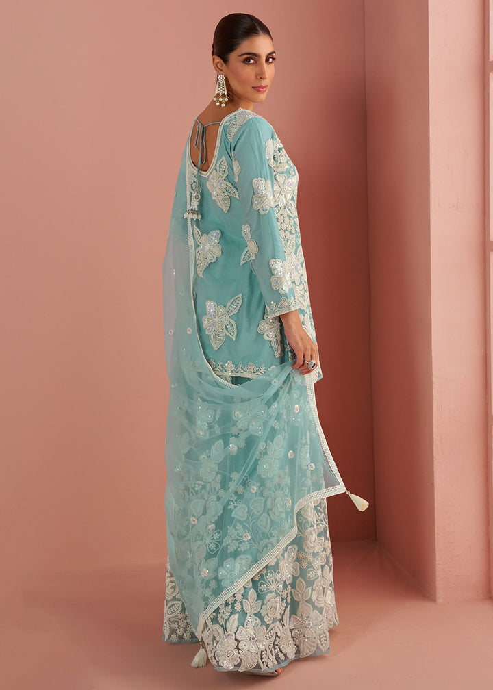 Buy Now Net Sea Blue Embroidered Party Wear Palazzo Suit Online in New York, Los Angeles, San Jose, Chicago, Houston, Fremont, Dubai & Worldwide at Empress.