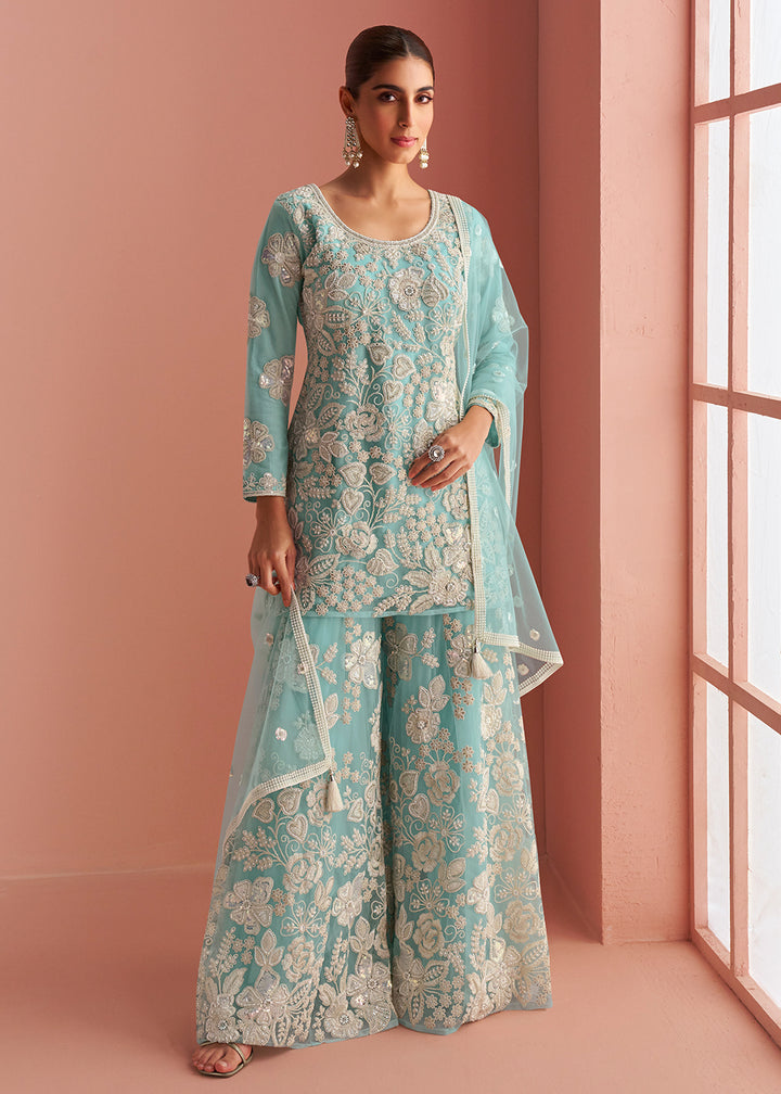 Buy Now Net Sea Blue Embroidered Party Wear Palazzo Suit Online in New York, Los Angeles, San Jose, Chicago, Houston, Fremont, Dubai & Worldwide at Empress.