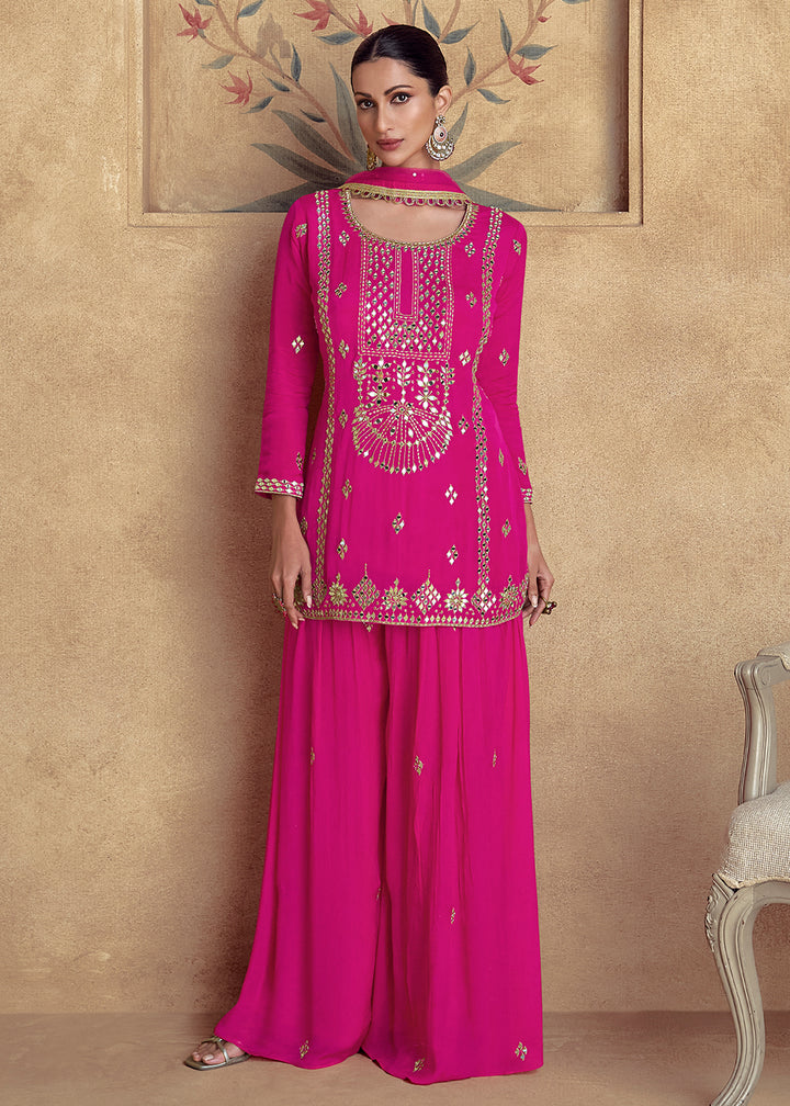 Shop Now Pink Premium Chinnon Silk Festive Sharara Style Suit Online at Empress Clothing in USA, UK, Canada, Germany, UAE & Worldwide. 