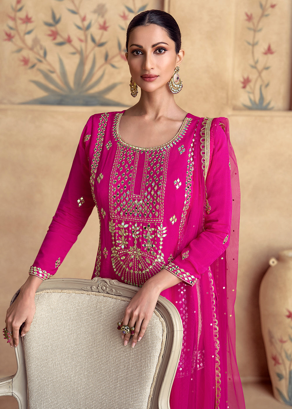 Shop Now Pink Premium Chinnon Silk Festive Sharara Style Suit Online at Empress Clothing in USA, UK, Canada, Germany, UAE & Worldwide. 