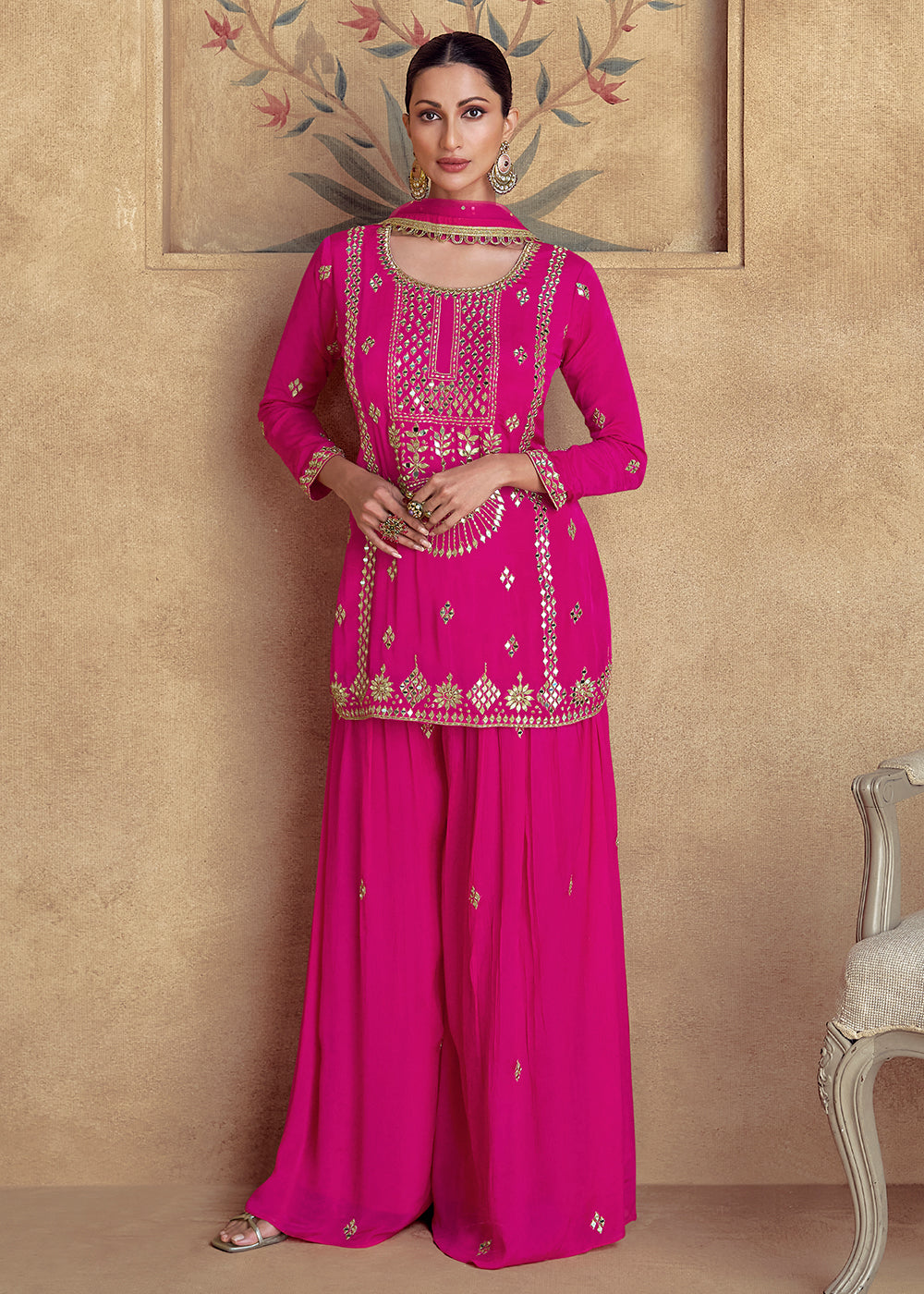 Shop Now Pink Premium Chinnon Silk Festive Sharara Style Suit Online at Empress Clothing in USA, UK, Canada, Germany, UAE & Worldwide. 