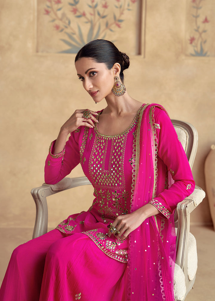 Shop Now Pink Premium Chinnon Silk Festive Sharara Style Suit Online at Empress Clothing in USA, UK, Canada, Germany, UAE & Worldwide. 