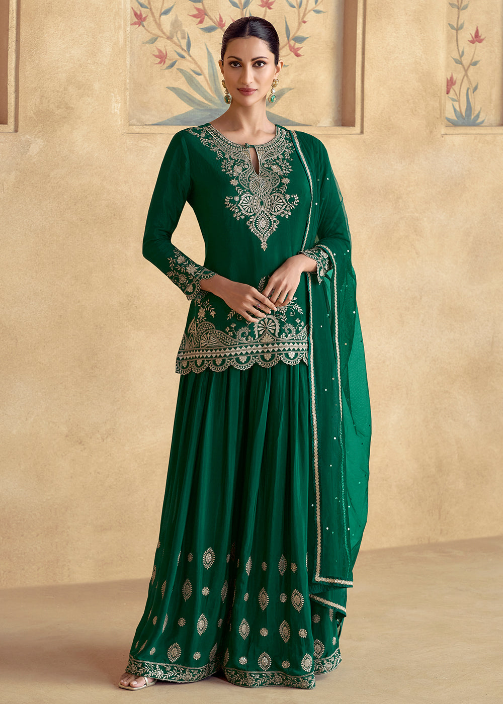 Shop Now Green Premium Chinnon Silk Festive Sharara Style Suit Online at Empress Clothing in USA, UK, Canada, Germany, UAE & Worldwide. 