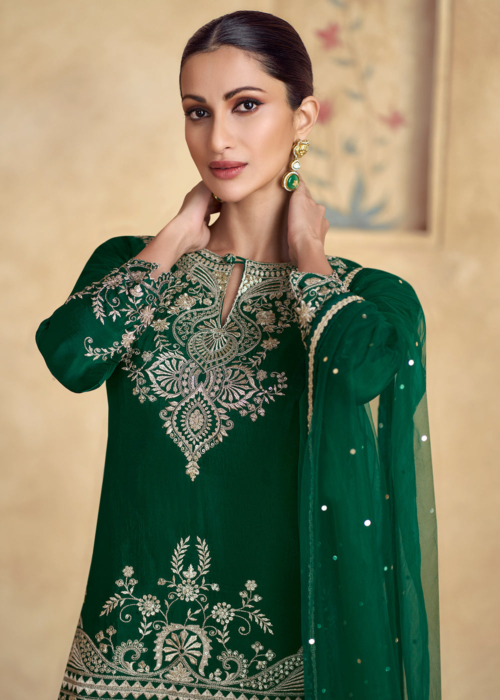 Shop Now Green Premium Chinnon Silk Festive Sharara Style Suit Online at Empress Clothing in USA, UK, Canada, Germany, UAE & Worldwide. 