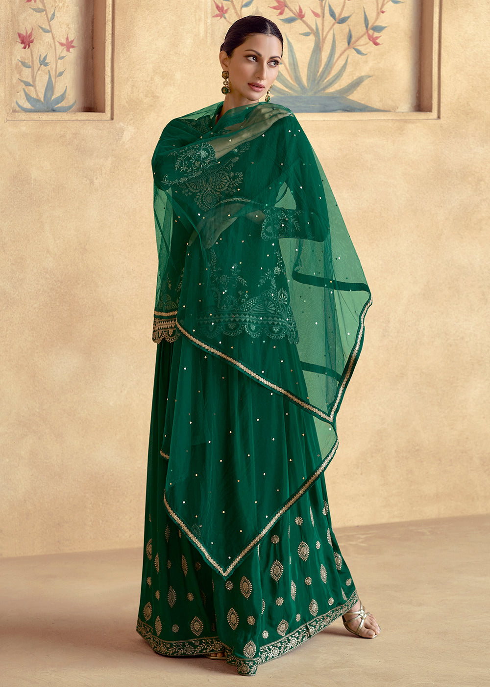 Shop Now Green Premium Chinnon Silk Festive Sharara Style Suit Online at Empress Clothing in USA, UK, Canada, Germany, UAE & Worldwide. 