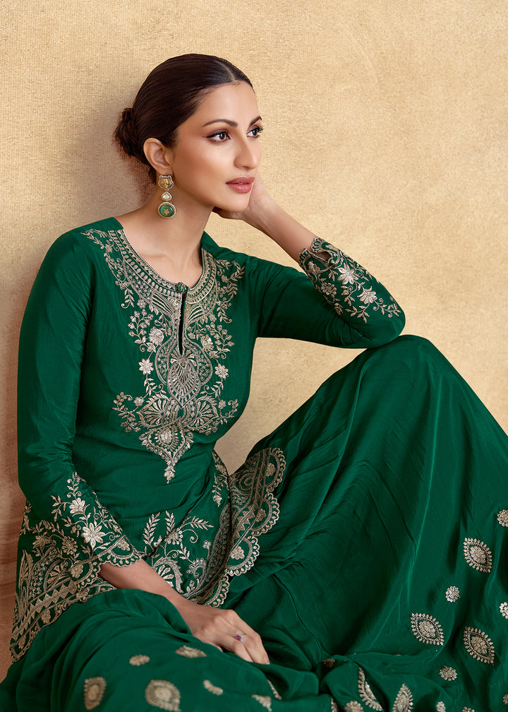 Shop Now Green Premium Chinnon Silk Festive Sharara Style Suit Online at Empress Clothing in USA, UK, Canada, Germany, UAE & Worldwide. 