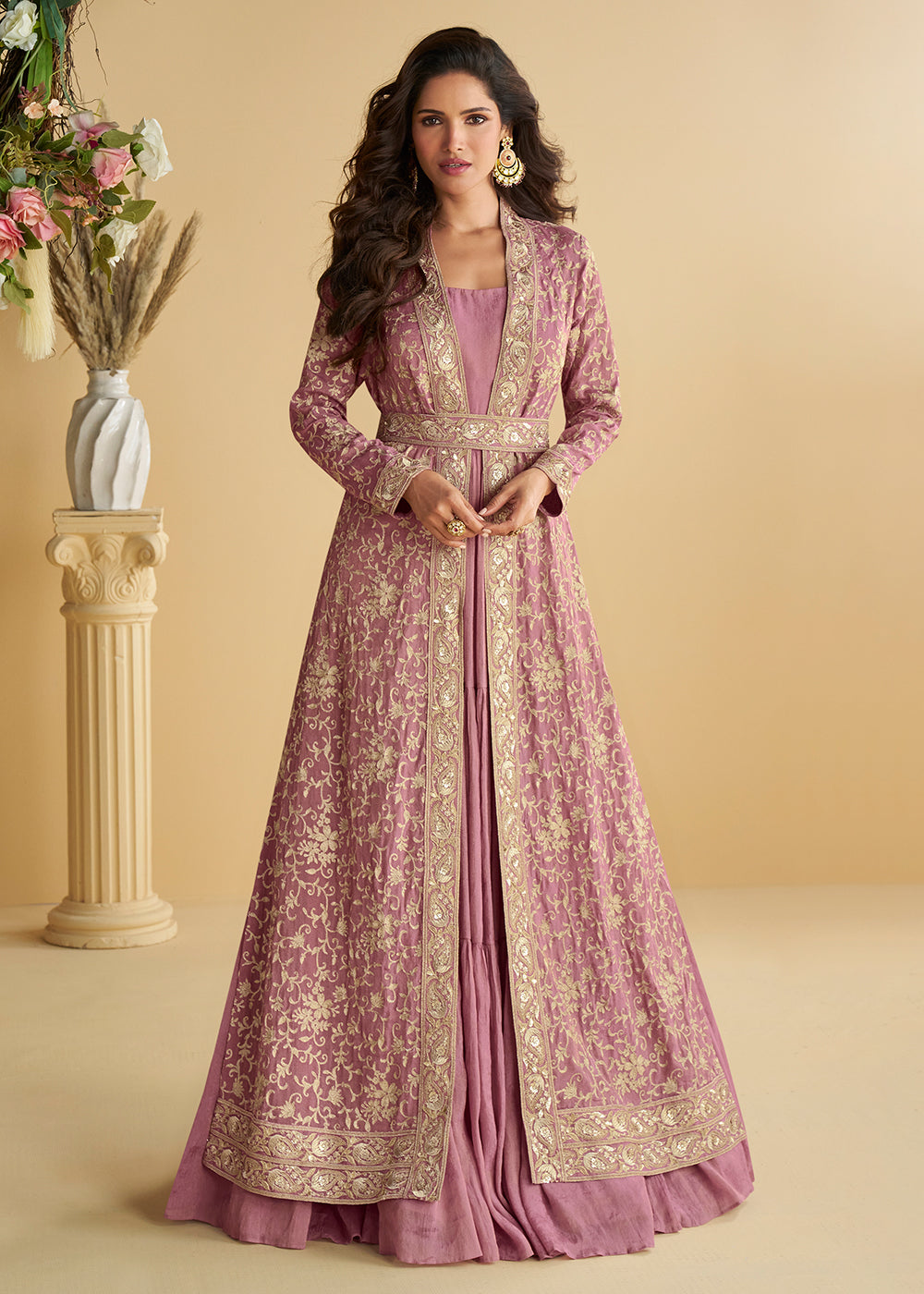 Buy Now Pink Jacket Style Wedding Designer Anarkali Suit Online in USA, UK, Germany, France, Italy, Canada, Australia, UAE, Maldives & Worldwide at Empress.