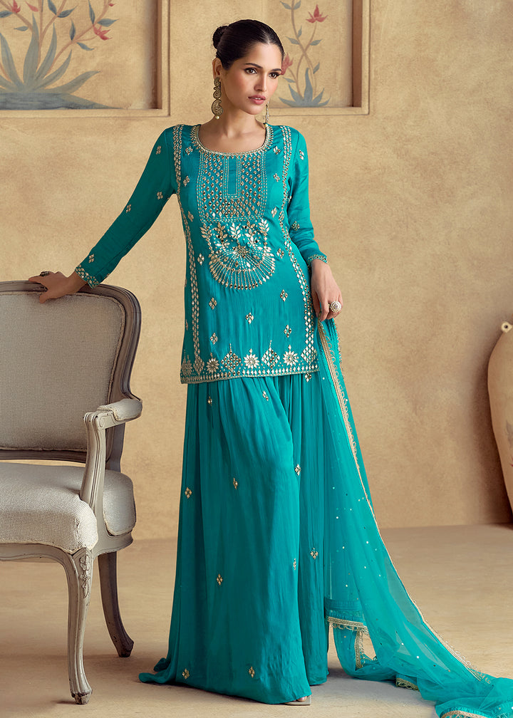 Shop Now Teal Premium Chinnon Silk Festive Sharara Style Suit Online at Empress Clothing in USA, UK, Canada, Germany, UAE & Worldwide. 