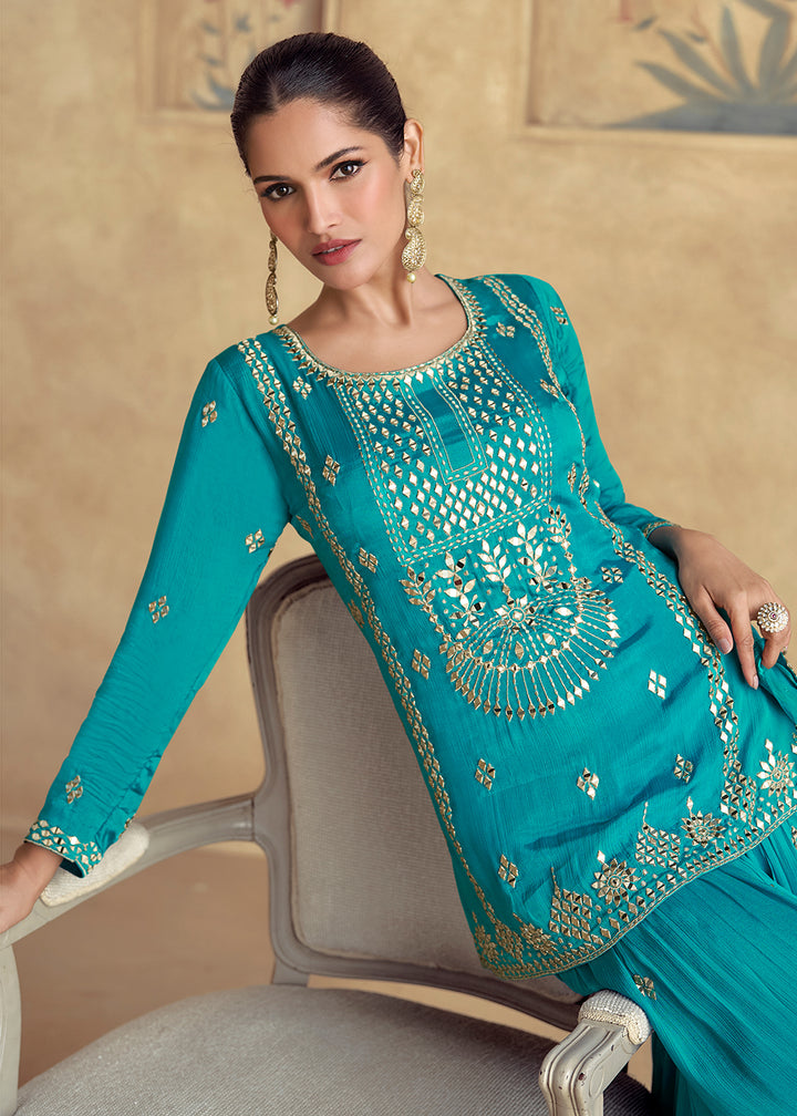 Shop Now Teal Premium Chinnon Silk Festive Sharara Style Suit Online at Empress Clothing in USA, UK, Canada, Germany, UAE & Worldwide. 