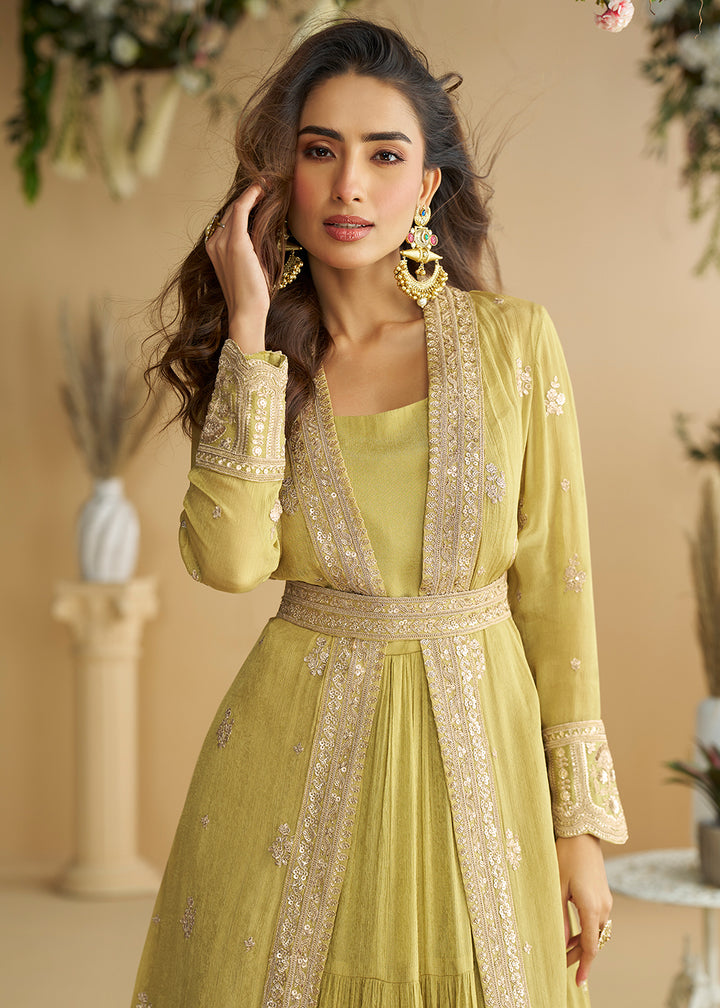 Buy Now Green Jacket Style Wedding Designer Anarkali Suit Online in USA, UK, Germany, France, Italy, Canada, Australia, UAE, Maldives & Worldwide at Empress.