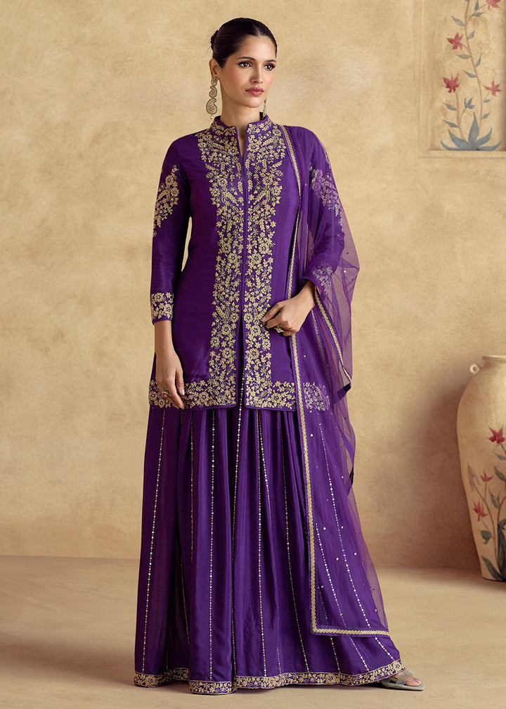 Shop Now Purple Premium Chinnon Silk Festive Sharara Style Suit Online at Empress Clothing in USA, UK, Canada, Germany, UAE & Worldwide.