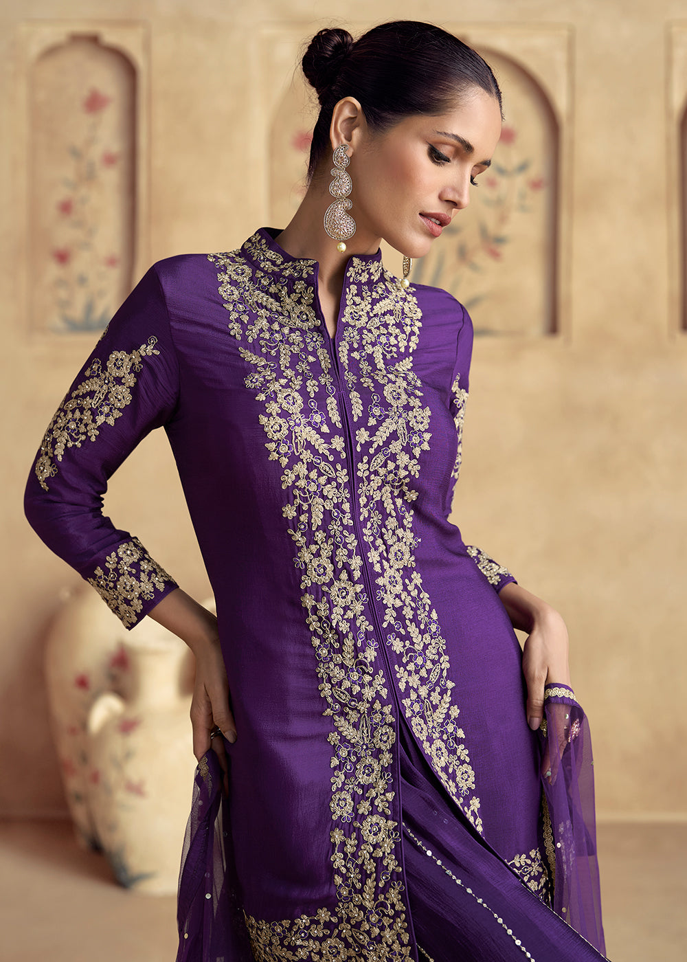 Shop Now Purple Premium Chinnon Silk Festive Sharara Style Suit Online at Empress Clothing in USA, UK, Canada, Germany, UAE & Worldwide.