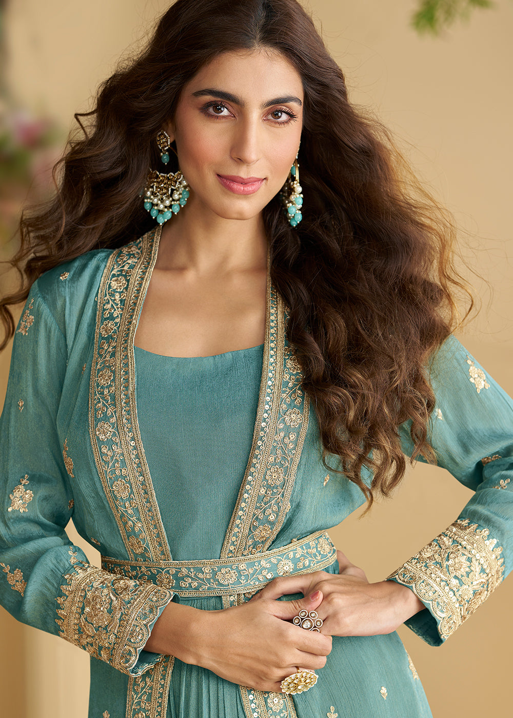 Buy Now Blue Jacket Style Wedding Designer Anarkali Suit Online in USA, UK, Germany, France, Italy, Canada, Australia, UAE, Maldives & Worldwide at Empress.