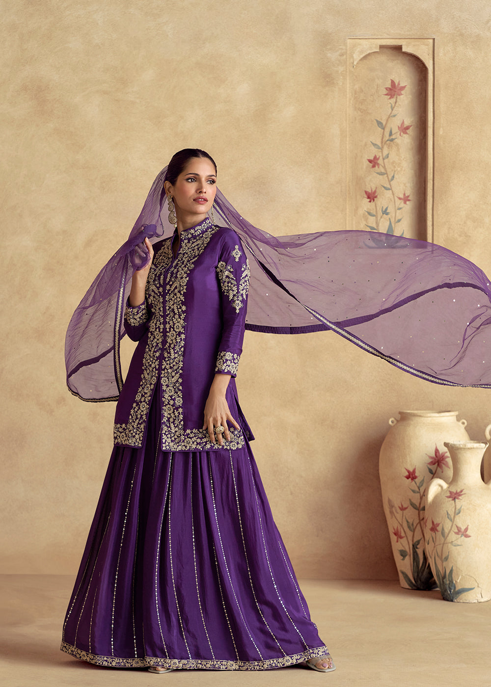 Shop Now Purple Premium Chinnon Silk Festive Sharara Style Suit Online at Empress Clothing in USA, UK, Canada, Germany, UAE & Worldwide.