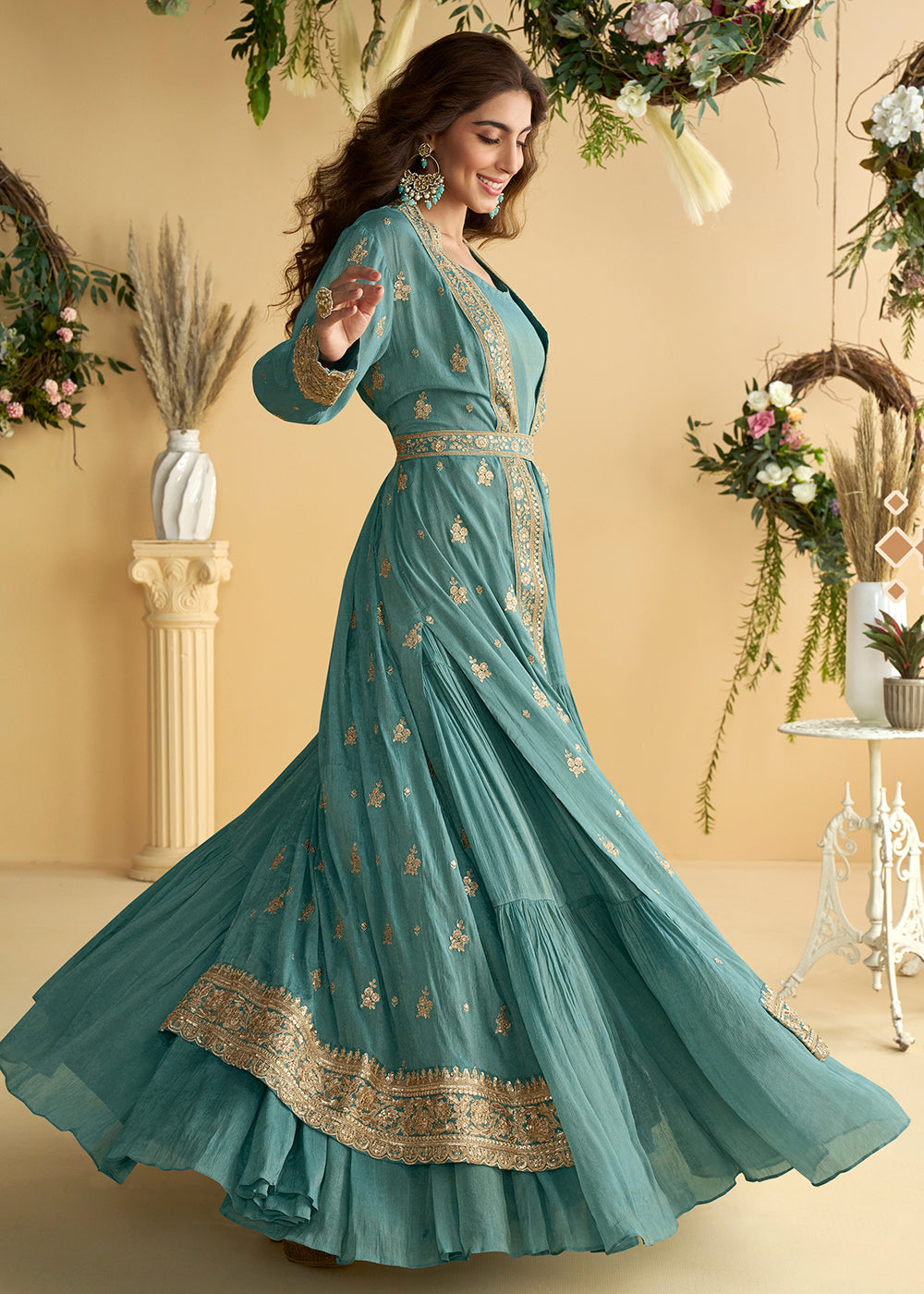 Buy Now Blue Jacket Style Wedding Designer Anarkali Suit Online in USA, UK, Germany, France, Italy, Canada, Australia, UAE, Maldives & Worldwide at Empress.