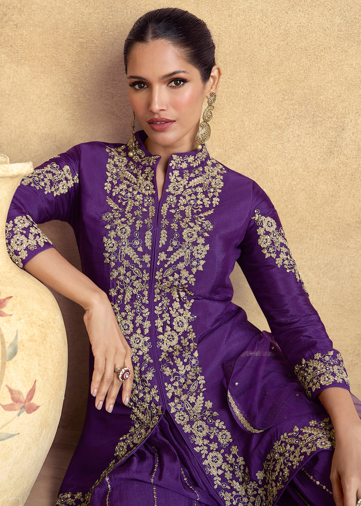 Shop Now Purple Premium Chinnon Silk Festive Sharara Style Suit Online at Empress Clothing in USA, UK, Canada, Germany, UAE & Worldwide.