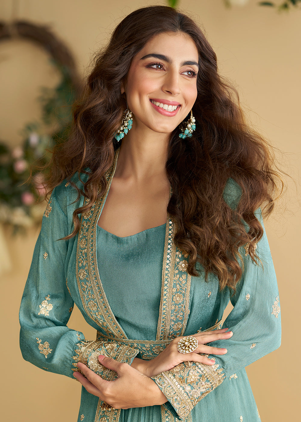 Buy Now Blue Jacket Style Wedding Designer Anarkali Suit Online in USA, UK, Germany, France, Italy, Canada, Australia, UAE, Maldives & Worldwide at Empress.