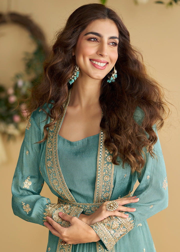 Buy Now Blue Jacket Style Wedding Designer Anarkali Suit Online in USA, UK, Germany, France, Italy, Canada, Australia, UAE, Maldives & Worldwide at Empress.