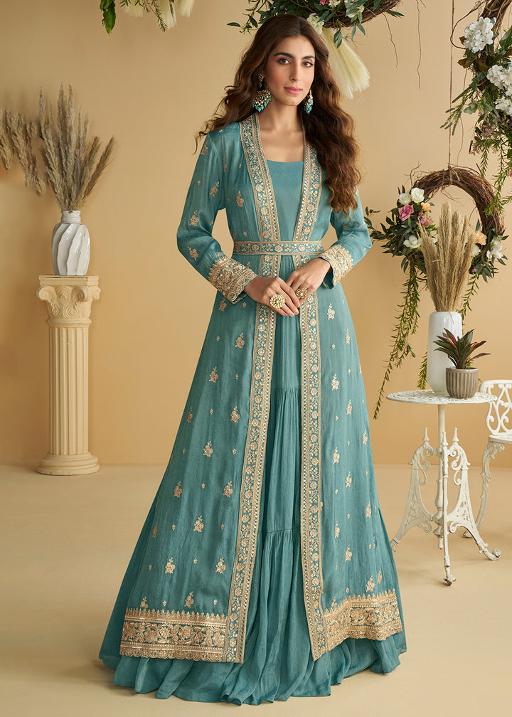 Buy Now Blue Jacket Style Wedding Designer Anarkali Suit Online in USA, UK, Germany, France, Italy, Canada, Australia, UAE, Maldives & Worldwide at Empress.