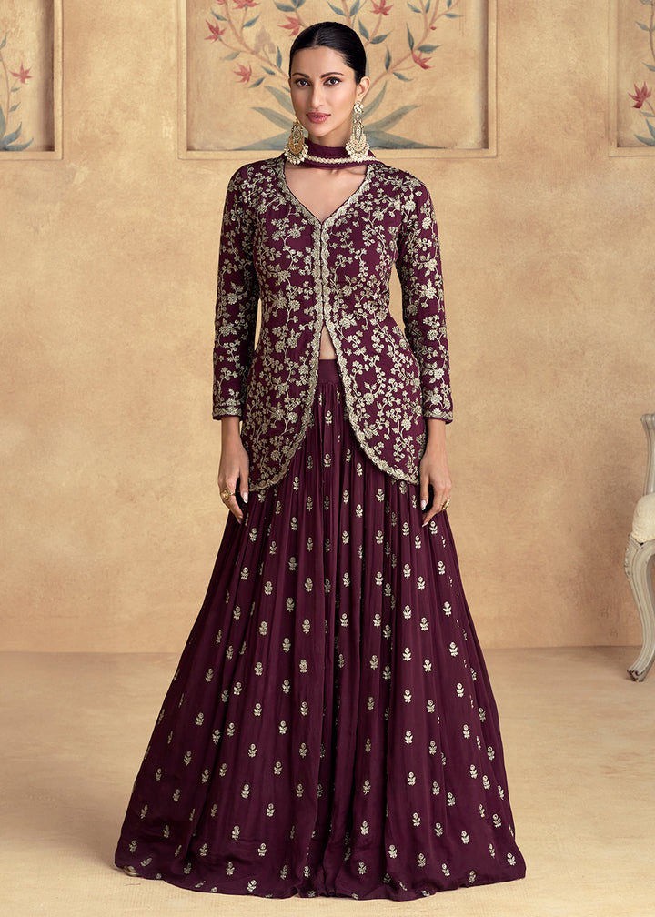 Buy Now Wine Embroidered Chinnon Wedding Party Lehenga Dress Online in USA, UK, Canada & Worldwide at Empress Clothing.