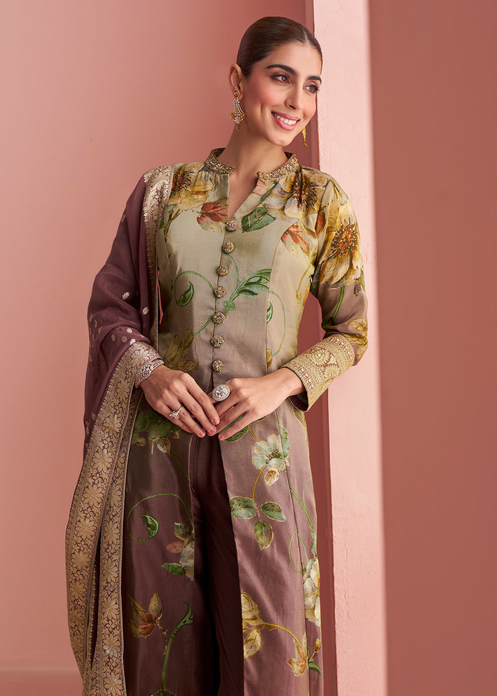 Buy Now Peach & Green Floral Front Cut  Festive Pant Style Suit Online in New York, California, Texas, Toronto, Rome, Madrid, Dubai & Worldwide at Empress.